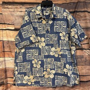 Bishop St. Apparel Men's Hawaiian SS Shirt XL Blue Floral Tribal Print Aloha